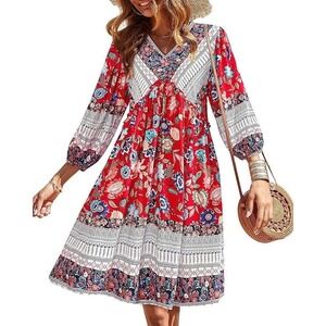 BTFBM Women's V-Neck 3/4 Sleeves Ruffle Boho Babydoll Mini Beach Dress - M